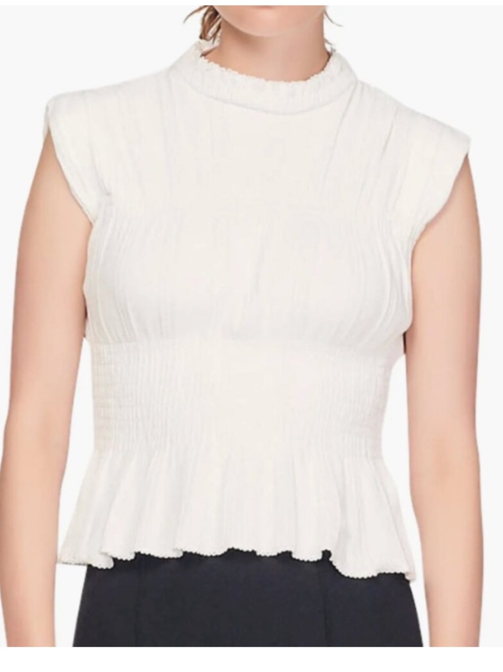 SANDRO- White Smocked Peplum Mock Neck Top - Women
